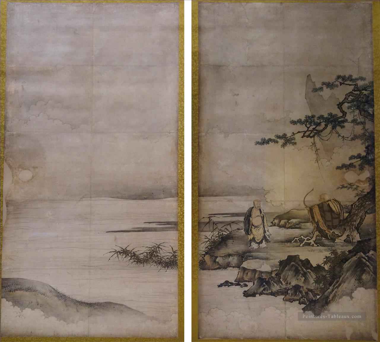 peinture sur l’éveil Zen Sanping Baring sa poitrine et Shigong étirement son arc attribué à Kano Motonobu Japanese. JPG Peintures à l'huile